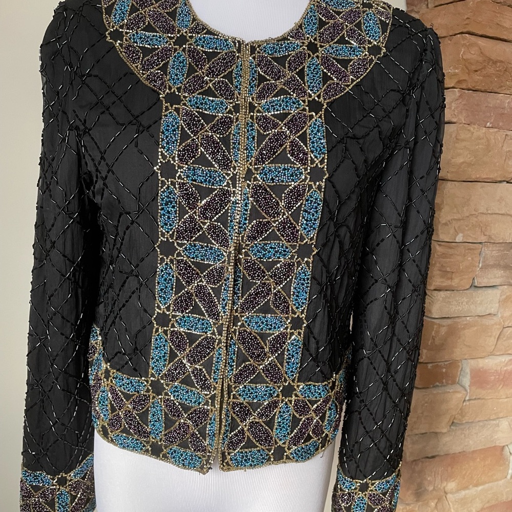 Beautiful evening beaded black silk top with purple and turquoise design Size M